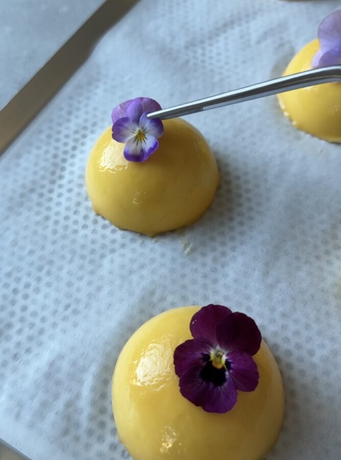 Påskdessert med mango och passion dekorerad med violer och penséer